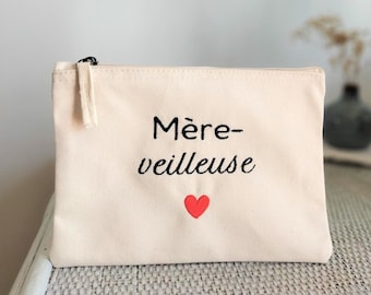 Trousse brodée en coton bio Mère-veilleuse, Pochette à maquillage personnalisable pour la Fête des Mères