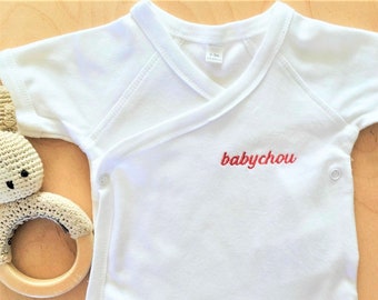 Personalized embroidered organic cotton bodysuit, short-sleeved white baby bodysuit with cross opening