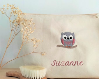 Personalized embroidered toiletry bag for children and babies in organic cotton, pouch with embroidered name and owl