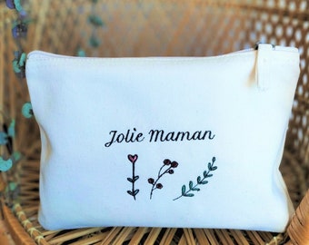 Customizable organic cotton embroidered kit, Mother's Day gift, Mistress gift, atsem, nanny / Organic cotton makeup pouch