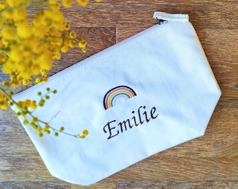 Personalized organic cotton pouch with embroidery first name & rainbow / Makeup bag, customizable toiletry bag