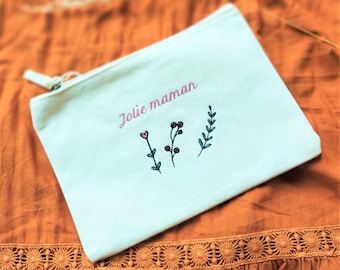 Trousse brodée en coton bio personnalisable, cadeau Fête des Mères, Cadeau maîtresse, atsem, nounou / Pochette à maquillage en coton bio