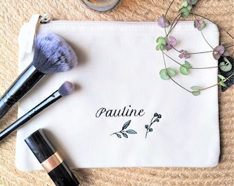 Trousse à maquillage brodée personnalisable en coton bio / Cadeau pour femme St Valentin, pochette personnalisée pour elle