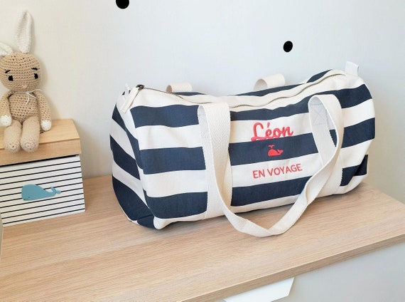 Grand sac de voyage brodé personnalisé 100% coton, sac polochon marin personnalisable
