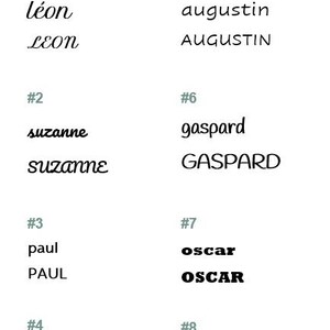May include: A chart with eight names written in cursive and block lettering. The names are Leon, Suzanne, Paul, Emma, Augustin, Gaspard, Oscar, and Romy. Each name is numbered 1 through 8.