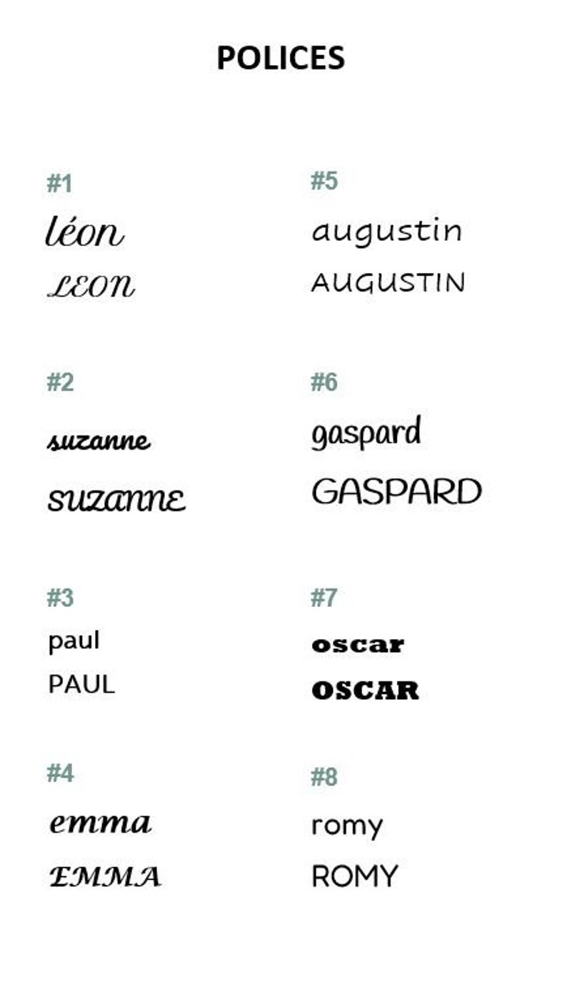 May include: A chart with eight names written in cursive and block lettering. The names are Leon, Suzanne, Paul, Emma, Augustin, Gaspard, Oscar, and Romy. Each name is numbered 1 through 8.