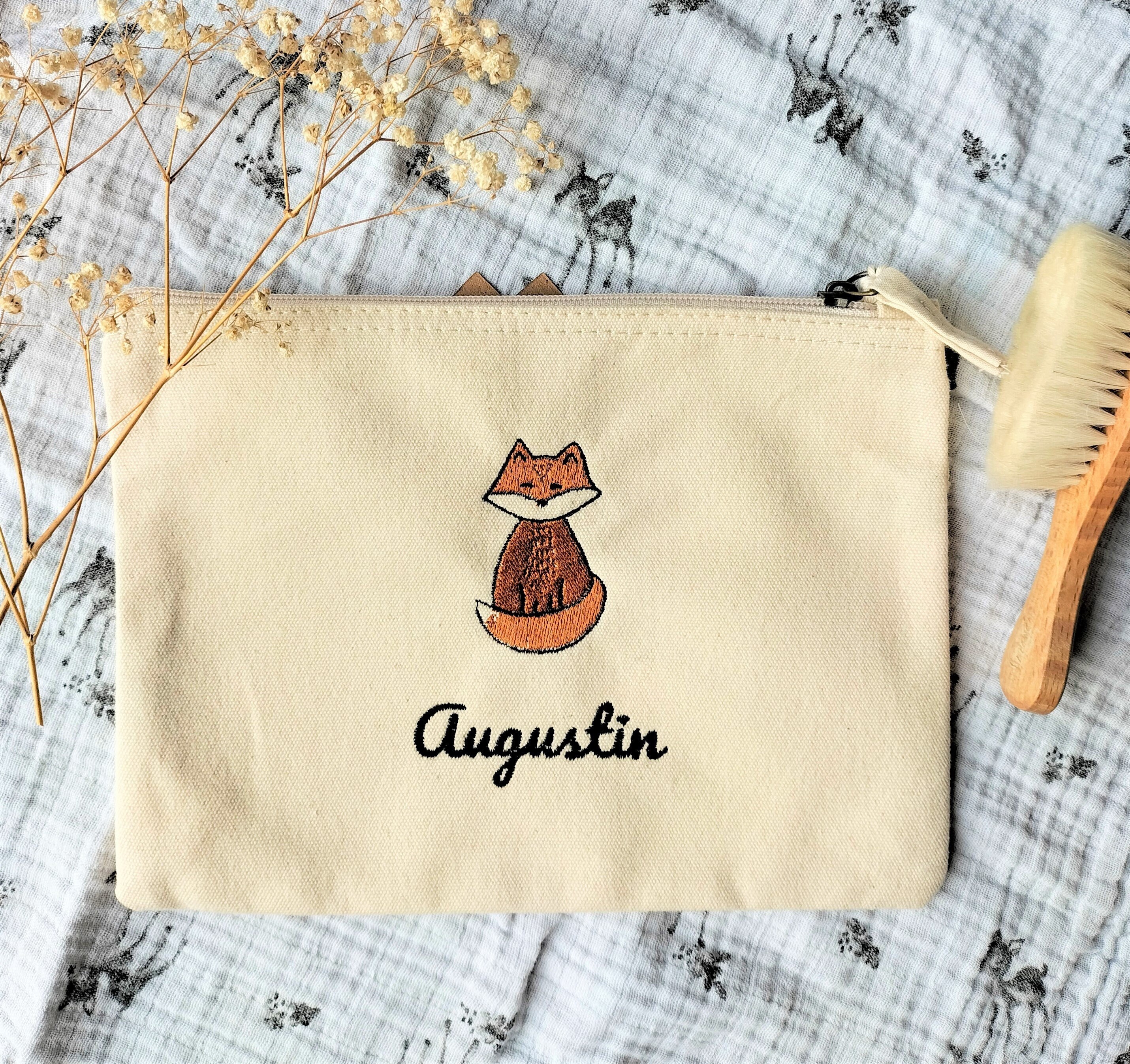 Trousse Coton Bio Brodée Personnalisée avec Prénom et Renard/Trousse à Crayons, Trousse de Toilettes
