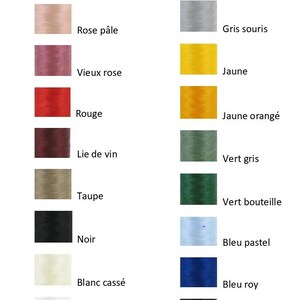 May include: A chart showing thread colors with French names. The colors include: pale pink, old rose, red, burgundy, taupe, black, off-white, white, gray, yellow, orange-yellow, green-gray, dark green, light blue, blue, and navy blue.