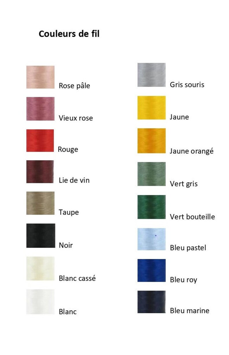 May include: A chart showing thread colors with French names. The colors include: pale pink, old rose, red, burgundy, taupe, black, off-white, white, gray, yellow, orange-yellow, green-gray, dark green, light blue, blue, and navy blue.
