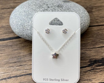 Sterling Silver Star Pendant Necklace & Quartz Crystal Stud Earrings.