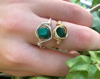 Malachite Crystal Wire Wrapped Healing Taurus Ring Available in Gold and Silver