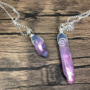 Angel Pink and Blue Aura “Tranquillity” Quartz Wire Wrapped Pendant & Silver Necklace