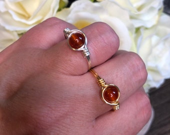 Carnelian Crystal Healing Wire Wrapped Ring. Gold And Silver Stackable Aries Ring