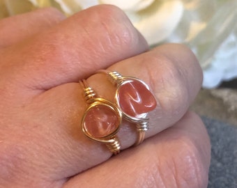 Strawberry Quartz Crystal Healing Wire Wrapped Ring Available in Gold or Silver Libra Ring