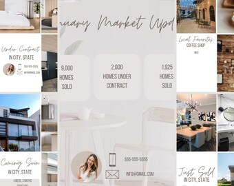 May include: A collage of images showcasing the real estate market in a city. The collage includes photos of homes, a coffee shop, and a realtor. The text on the collage includes the number of homes sold, under contract, and the realtor's contact information.