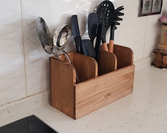 Handcrafted Wooden Utensil Holder. Handmade Utensil Caddy. Kitchen Organizer.