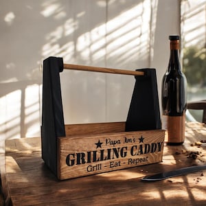Custom Wooden BBQ Caddy, Personalized Name Grill Caddy, Handmade BBQ Caddy, Souce Storage, Rustic Spice Caddy, Grilling Gift, Christmas Gift