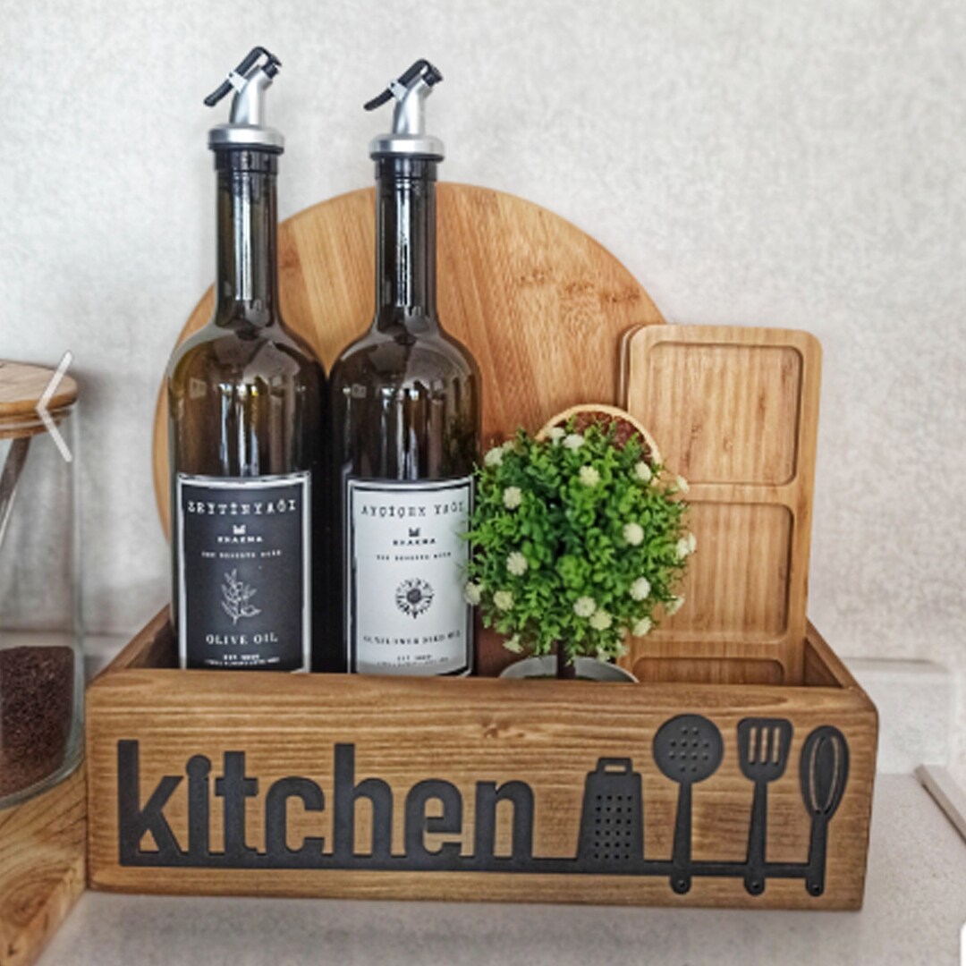 Modern Wood Rustic Kitchen Storage Caddy for Olive Oil, Oils, Salt Pig