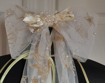 Bridal Hair Bow,Pearl Veil,Tulle Wedding Veil