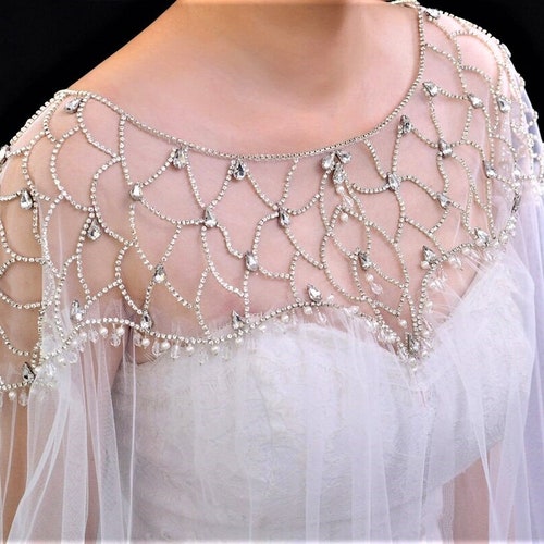Tulle Wrap,Bridal Cloak,Elegant Cape,Wedding Bolero,Long Formal Shawl,Off-White Cape,Cloak With Crystals,Beaded shops Cloak,Cloak With Beading