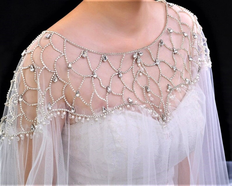 Tulle Wrap,Bridal Cloak,Elegant Cape,Wedding Bolero,Long Formal Shawl,Off-White Cape,Cloak With Crystals,Beaded shops Cloak,Cloak With Beading