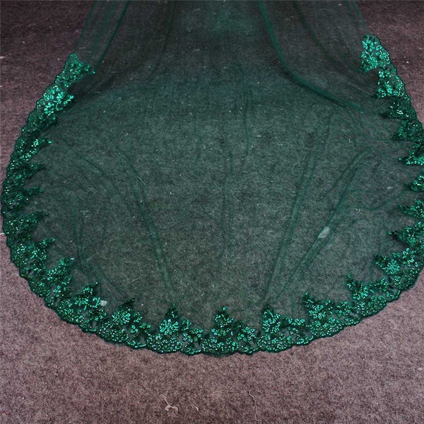 Luxury Veil,Green Cathedral Veil,Wedding Veil,New Style Veil,Long Bridal Veil,Emerald Veil,Veil With Comb,One Tier Veil,Veil With Sequins
