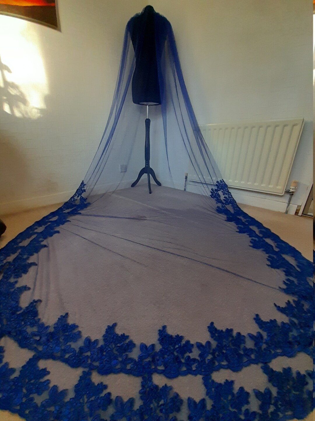 Royal Blue Veil With Lace Edge,cathedral Veil With Comb Etsy