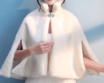 Ivory Faux Fur Shawl,Wedding Cape,Bridal Cloak,Winter Cape,Warm Cloak,Evening Cape,Bridesmaid Bolero,Prom Bolero,Collar Coat,Party Cape