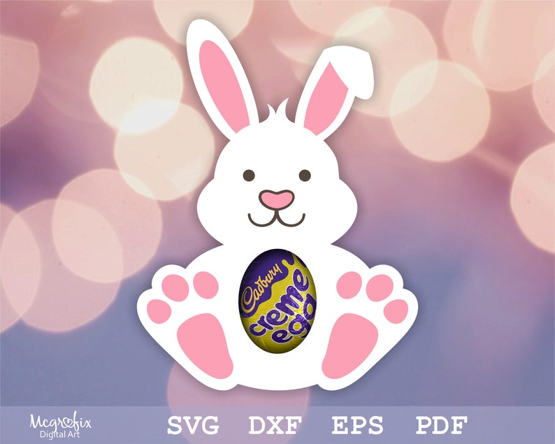 Cute little bunny egg holder with pink ears and feet. There is a hole in the middle to let the chocolate egg show through.
This bunny SVG file is easy to download for your DIY Easter craft projects.