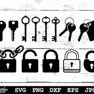 Slot en grendel SVG-sleutels SVG sleutelbundel SVG slot Svg huissleutels Svg hangslot Svg Instant download inclusief svg png eps dxf jpg