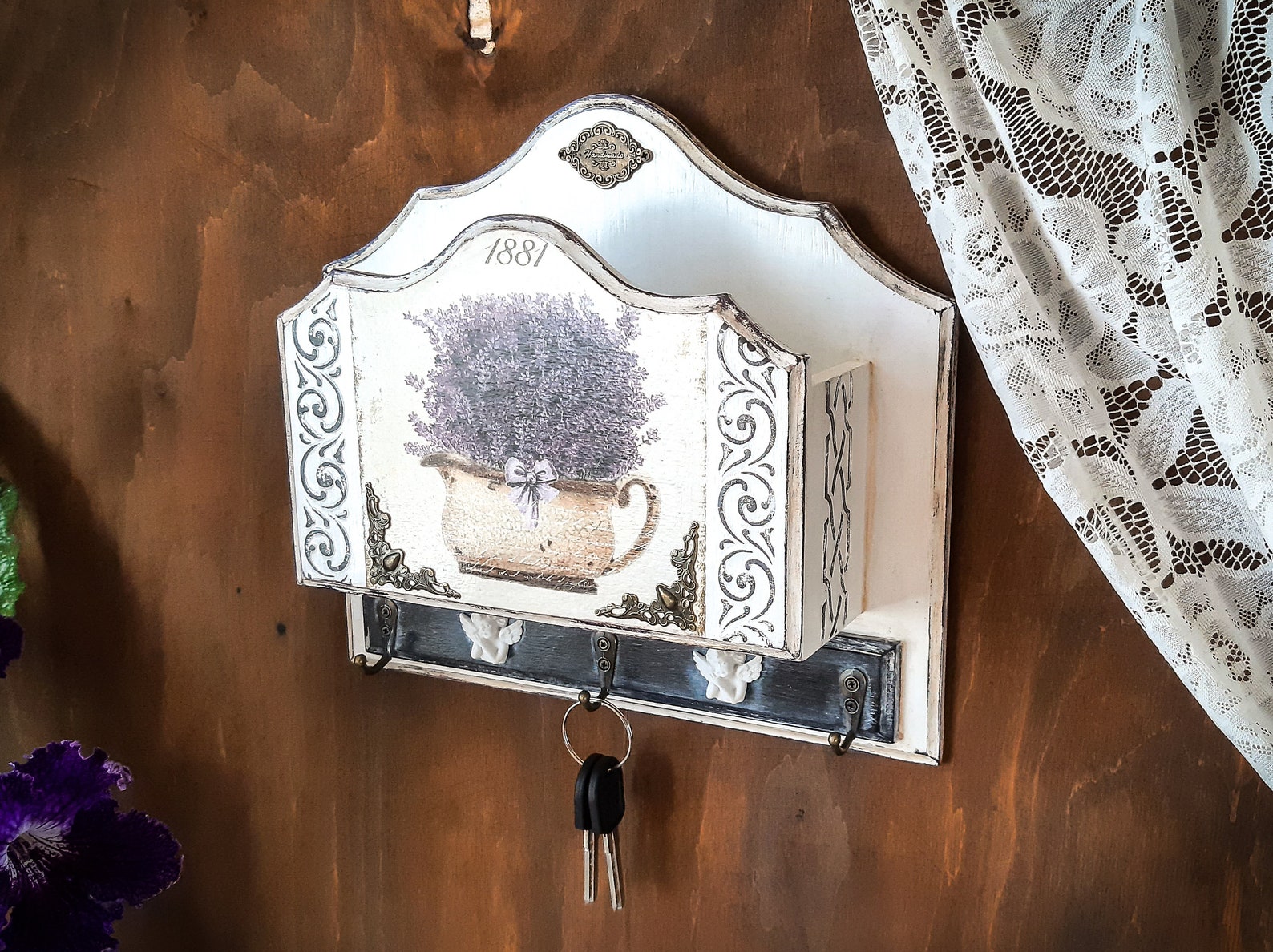 Vintage mail sort. Wall mail organizer with 3 hooks lavender Etsy