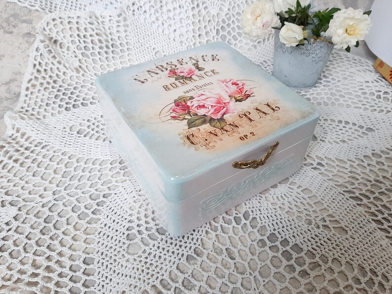 Wooden jewelry casket room decor aesthetic. Memory storage Blue jewelry box Shabby chic rose decor