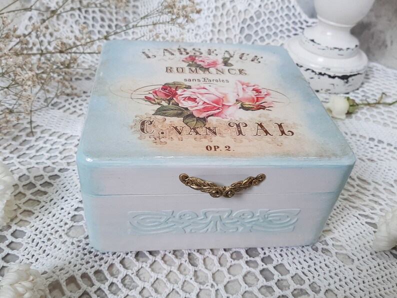 Wooden jewelry casket room decor aesthetic. Memory storage Blue jewelry box Shabby chic rose decor