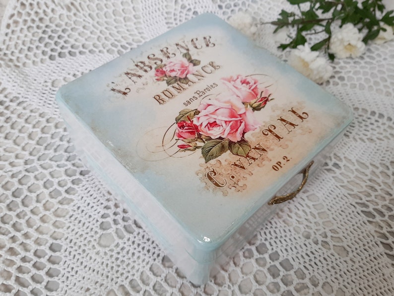 Wooden jewelry casket room decor aesthetic. Memory storage Blue jewelry box Shabby chic rose decor