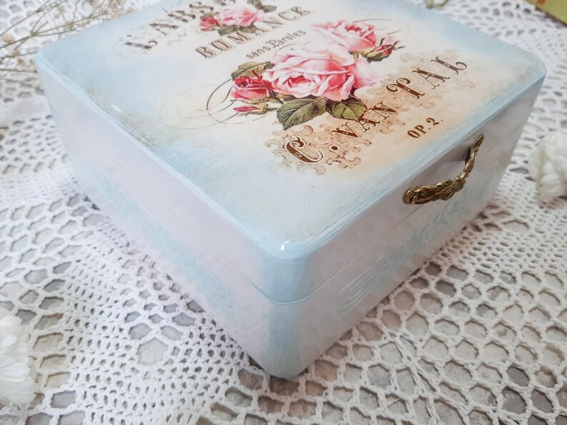 Wooden jewelry casket room decor aesthetic. Memory storage Blue jewelry box Shabby chic rose decor