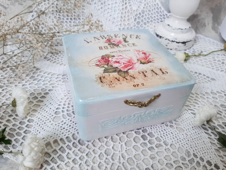 Wooden jewelry casket room decor aesthetic. Memory storage Blue jewelry box Shabby chic rose decor