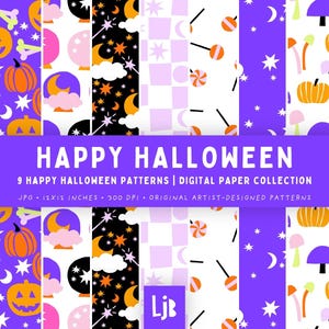 Könnte beinhalten: Eine digitale Papiersammlung mit neun Halloween-Mustern, darunter Geister, Kürbisse, Fledermäuse, Sterne, Monde und Lutscher in Lila, Orange, Schwarz und Weiß. Der Text lautet HAPPY HALLOWEEN 9 HAPPY HALLOWEEN PATTERNS | DIGITAL PAPER COLLECTION JPG 12X12 INCHES 300 DPI ORIGINAL ARTIST-DESIGNED PATTERNS.