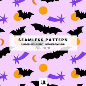 Halloween Seamless Pattern – Cute Bats & Moon Digital Tile (PNG) – Spooky Allover Print for DIY