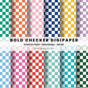 Könnte beinhalten: Eine Sammlung von 12 digitalen Papieren mit kräftigen Schachbrettmustern in verschiedenen Farben, darunter Grün, Orange, Rosa, Blau, Gelb und Lila. Das Bild enthält den Text "BOLD CHECKER DIGIPAPER" und Spezifikationen für das digitale Papier.