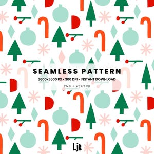 Christmas Seamless Pattern – Holiday Icon Allover Print – Trees, Candy Canes & Ornaments – Digital Textile Tile PNG + Vector