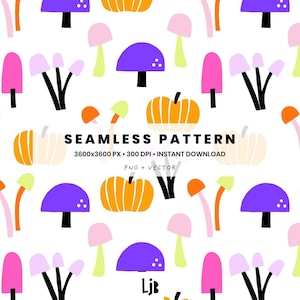 Fall Seamless Pattern – Pumpkins & Mushrooms Digital Tile (PNG) – Cute Autumn Allover Print for DIY