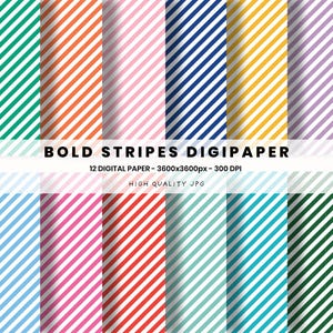 Könnte beinhalten: Ein digitales Papierpaket mit zwölf Designs mit kräftigen diagonalen Streifen in verschiedenen Farben, darunter Grün, Orange, Rosa, Blau, Gelb und Lila. Der Text "BOLD STRIPES DIGIPAPER" wird angezeigt.
