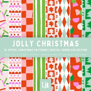 Könnte beinhalten: Eine digitale Papiersammlung mit dem Titel JOLLY CHRISTMAS mit 15 Mustern in Rot, Grün, Rosa und Weiß. Die Designs umfassen karierte Quadrate, vertikale Streifen, Rauten, Halbkreise und stilisierte Weihnachtsbäume im 12x12 Zoll Format.