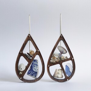 Teardrop Ocean Treasure Earrings - Wood, Sterling Silver, Acrylic, Sea Pottery & Sea Glass