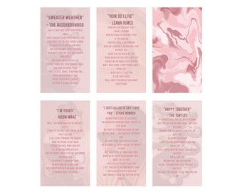 May include: Six pink and white marble-textured cards with song titles and lyrics from popular songs. The song titles are "Sweater Weather", "How Do I Live", "I'm Yours", "I Just Called to Say I Love You", "Happy Together", and "You Say It Best."