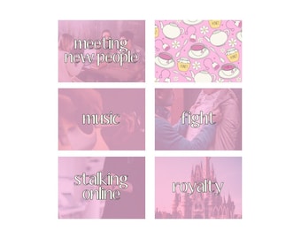 May include: A pink and white collage of images with text overlays. The text includes "meeting new people", "music", "stalking online", "fight", "royalty", and a pattern of teacups and teapots.