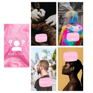Puede incluir: Una baraja de oráculo rosa con el texto "Their Appearance" y "Oracle Deck by Miiks". La imagen también muestra ejemplos de tatuajes, cabello de color, un corte de pelo rapado y tono de piel oscuro.