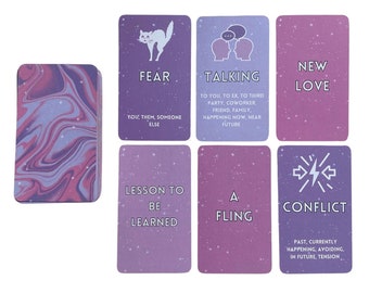 May include: A set of purple and pink tarot cards with white text and illustrations. The cards feature words like "Fear", "Talking", "New Love", "Lesson to be Learned", "A Fling", and "Conflict".