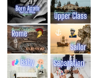Könnte beinhalten: Eine Collage von Bildern, die verschiedene Lebensabschnitte darstellen, darunter ein Baby, ein Kind, das Kolosseum in Rom, ein Schiff mit einem Seemann, ein Haus und ein Paar, das Rechtsdokumente unterzeichnet. Der Text auf den Bildern lautet "Born Again", "Past Life Oracle", "Upper Class", "Rome", "625 BC-476 AD", "Baby", "Sailor" und "Separation".