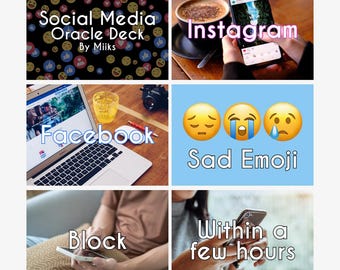 May include: A collage of images related to social media. Includes a deck of cards, a coffee cup with a phone displaying Instagram, a laptop with Facebook, sad emojis, a phone with the word "Block", and a phone with the words "Within a few hours."